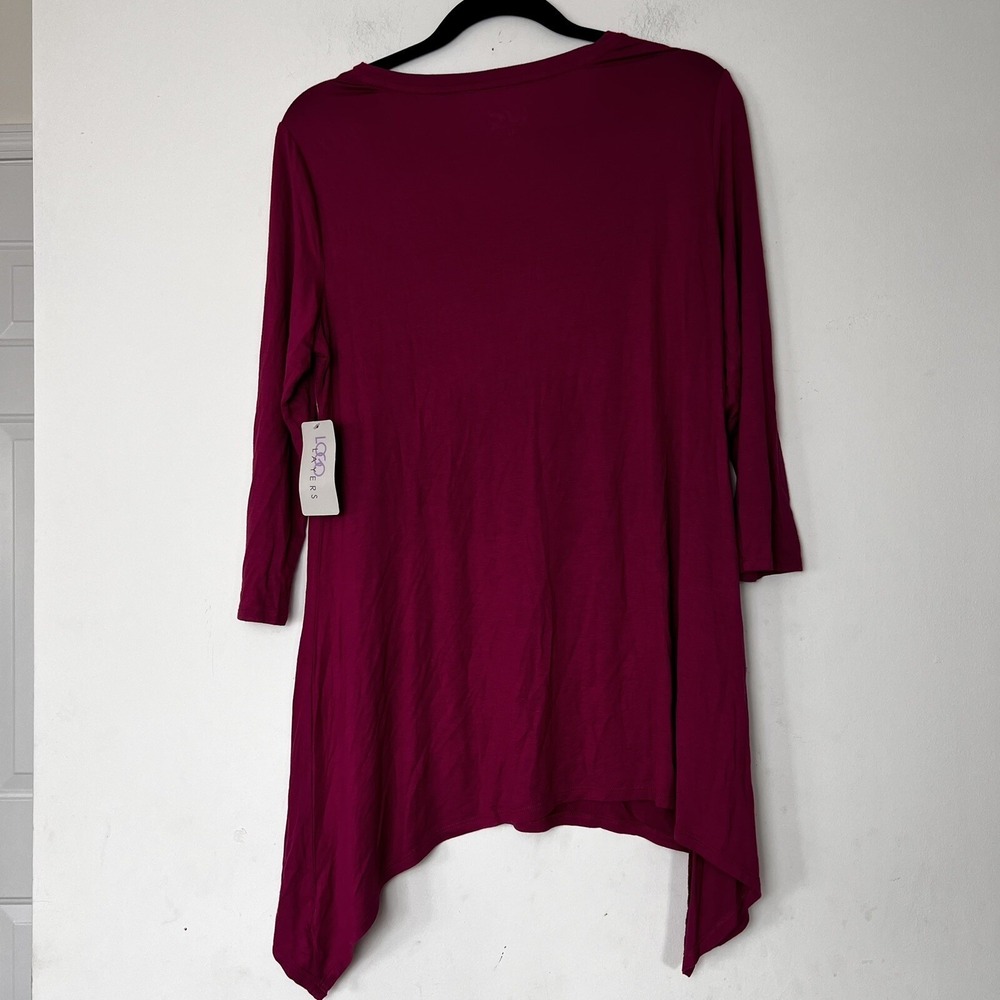 LOGO by Lori Goldstein V Neck Tunic Top Burgundy Asymmetrical Hem Size Medium - Picture 4 of 10